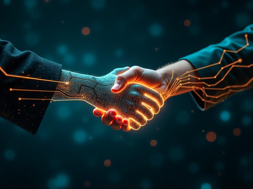 Technology partnership handshake with digital elements